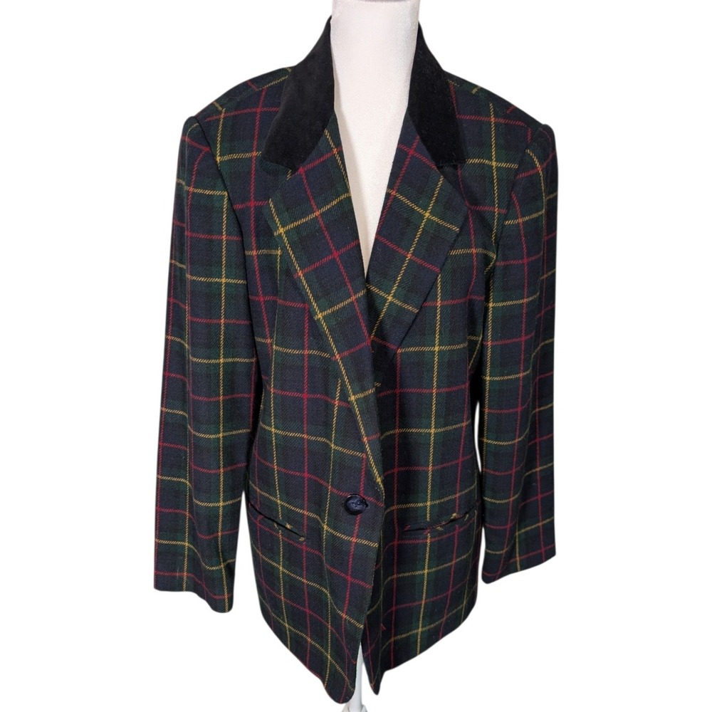 Sag Harbor Vintage Plaid Blazer Velvet Collar Wool Blend Green Navy Red Size 12